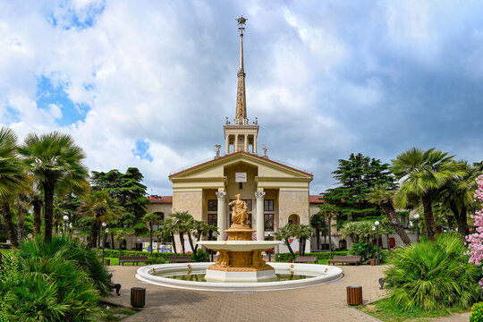 Square with a fountain near the Sochi seaport building, Krasnodar region of Russia