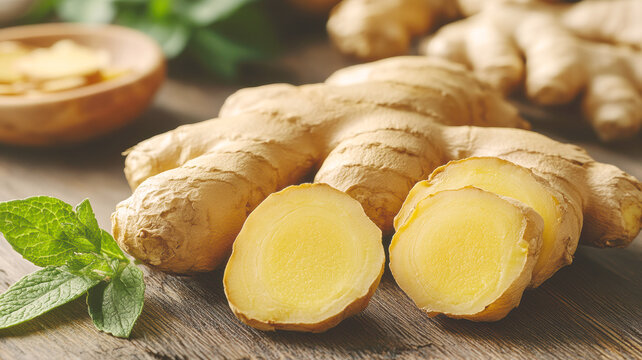 A sliced ginger root on rustic wood with green leaves