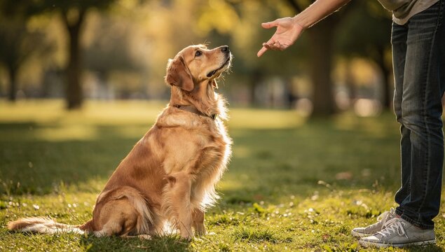 Dog Obedience Training Session Outdoors, Positive Pet Behavior Concept