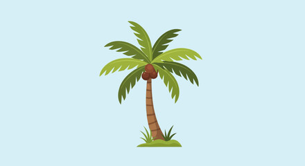 Obraz premium Cartoon Coconut Palm Tree with Green Fronds and Trunk on Light Blue Background