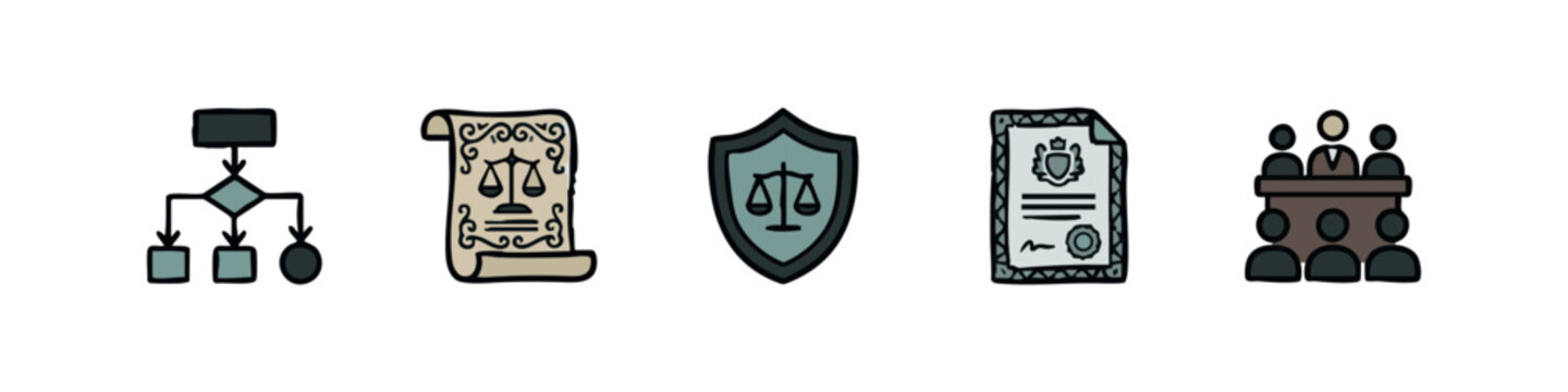 Icons: Flowchart, Law Scroll, Shield, Certificate, Courtroom