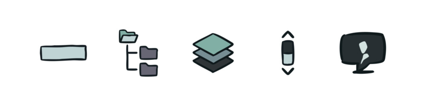 UI file management doodle icons featuring folders, layers, user profile and scroll bar