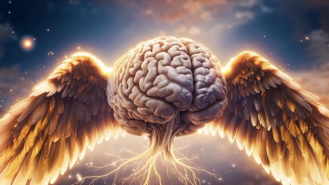A surreal image of a brain with wings and roots, symbolizing knowledge and growth 4k video