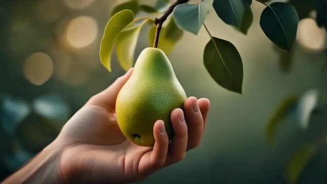 Close-up of a hand gently holding a ripe green pear on a branch amidst lush foliage, with a soft bokeh background