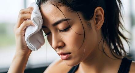 Fototapeta premium Woman wiping sweat from her face after a workout session.
