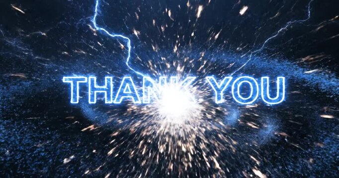 Electrifying blue lightning bolts illuminate the words 'THANK YOU' against a dark background