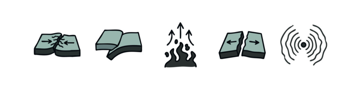 Plate Tectonics and Earth Processes Icon Set - Convergent, Divergent, Magma, and Seismic Waves