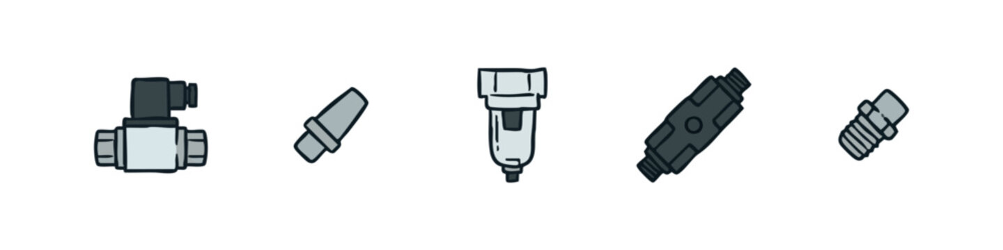 Pneumatic and Hydraulic Fittings and Components Icon Set
