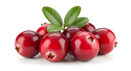 Obraz premium Fresh cranberries with green leaves on a white background