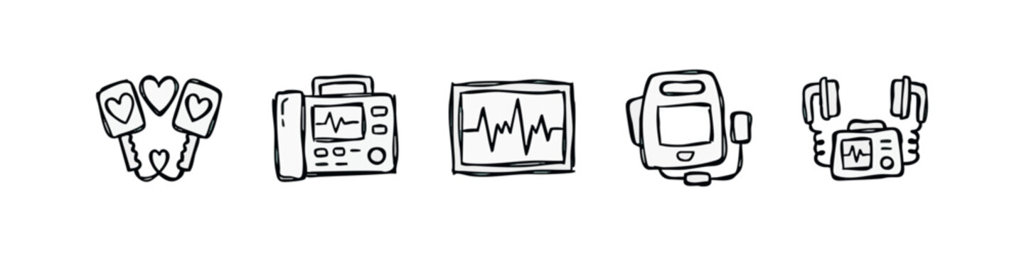 Colorful doodle icons of medical cardiology equipment: defibrillator paddles, AED, ECG monitor, and Holter monitor.