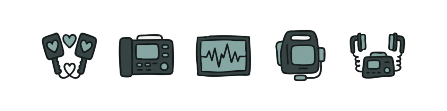 Monochromatic doodle icons representing medical cardiology devices: defibrillator paddles, AED, ECG monitor, and Holter monitor.