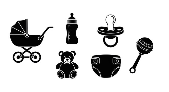 Black and white baby essentials stroller bottle pacifier diaper rattle and toy