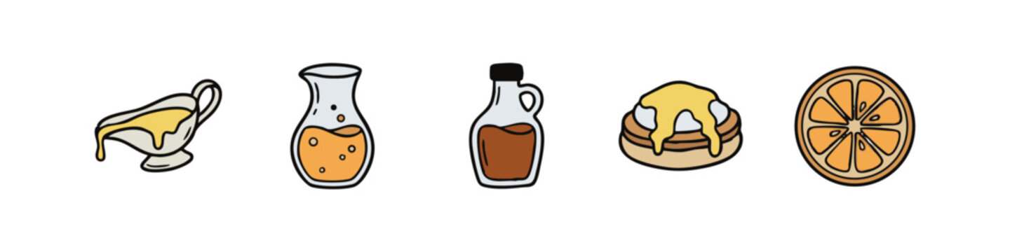 Set of 5 hand-drawn breakfast condiment and ingredient icons: gravy boat, orange juice, maple syrup, pancakes, and orange slice.