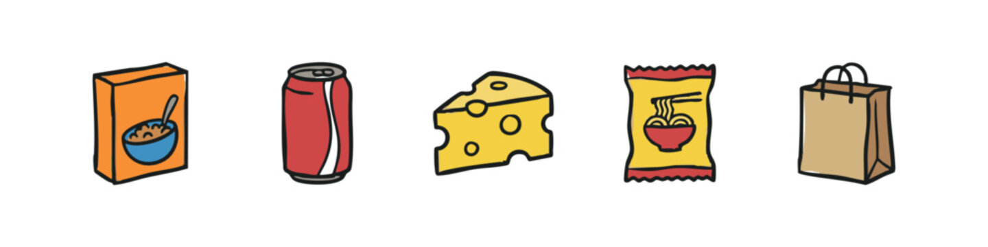 Set of 5 hand-drawn grocery item icons: cereal box, soda can, cheese, instant noodles, and paper shopping bag.