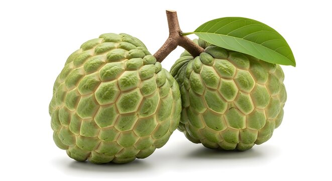 Two soursop fruits with a leaf on a white background