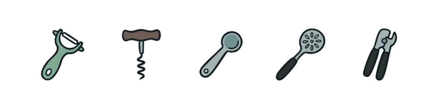 Set of 5 hand-drawn kitchen utensil icons: peeler, corkscrew, slotted spoon, skimmer, and nutcracker on white.