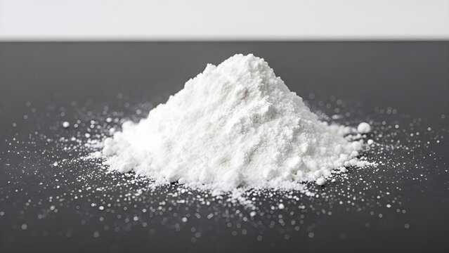 A pile of white powder sits on a dark surface with scattered particles.