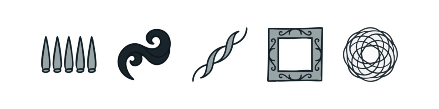 Abstract and decorative hand-drawn icons including spikes, swirls, double helix, and ornate frame