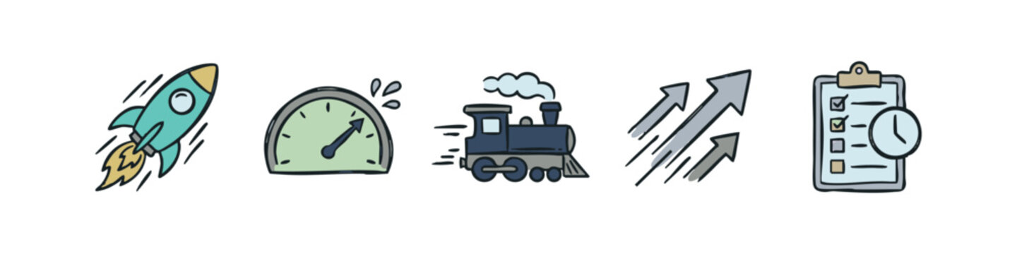 Hand-drawn set of business growth and productivity icons including rocket, speedometer, train, arrows, and checklist.