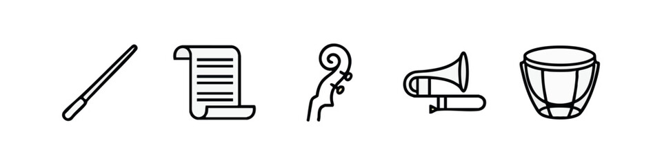 Clean line art music icons: conductor's baton, musical score, cello scroll, trombone, and drum. © liubomir118809