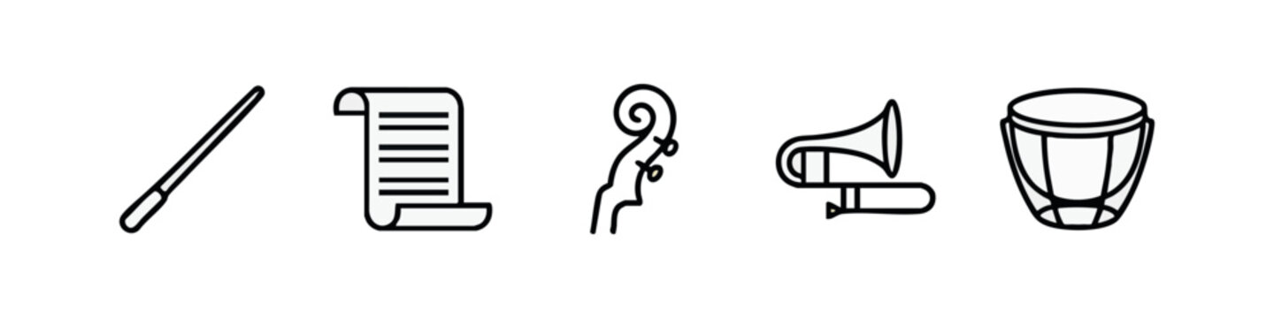 Clean line art music icons: conductor's baton, musical score, cello scroll, trombone, and drum.