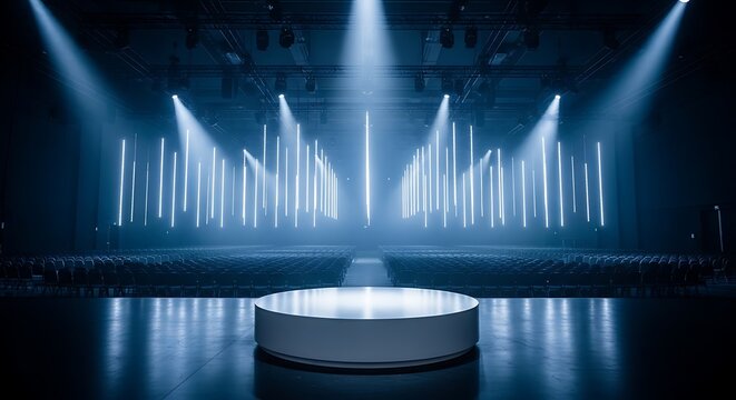 Blue-lit auditorium with a circular stage and rows of seats under stage lights