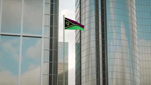 Vanuatu Flag 3D Render Animation on Pole with City Buildings