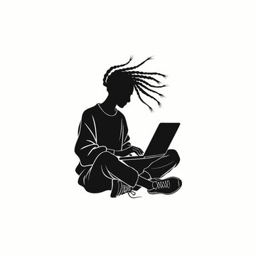 Black silhouette person with dreadlocks using laptop, sitting cross-legged, modern minimalist style vector icon