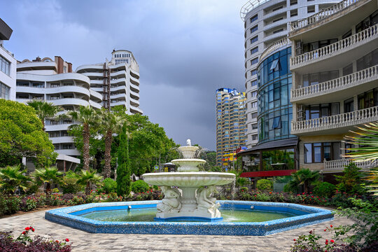 Decorative fountain in a park near hotels on the Sochi embankment, Krasnodar region of Russia