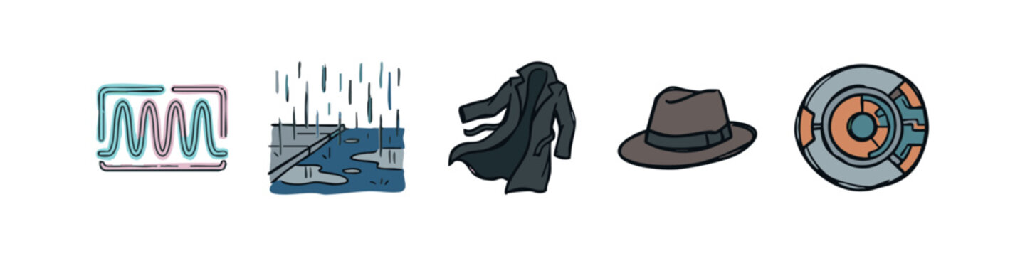 Mystery and spy icons: waveform, rain, trench coat, fedora, gear.