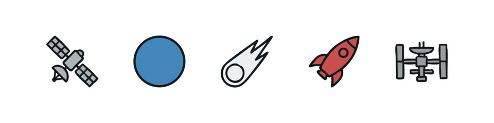 Space-themed hand-drawn icons: satellite, planet, comet, rocket, space station © liubomir118809