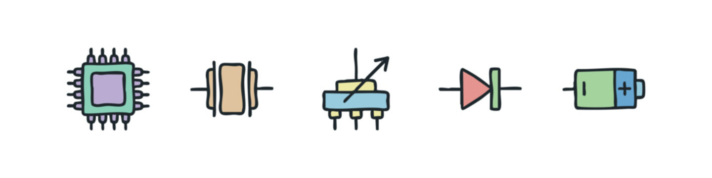Set of 5 hand-drawn electronic component icons: microchip, transformer, potentiometer, diode, battery