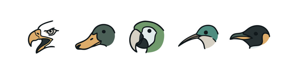 Naklejka premium Bird Head Icons: Eagle, Duck, Parrot, Toucan, Penguin