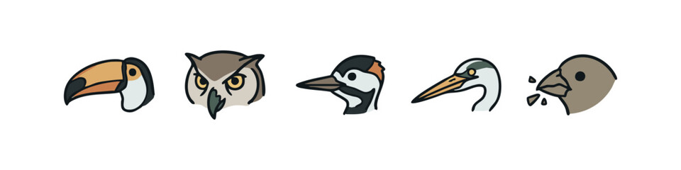 Naklejka premium Bird Heads Icons Set: Toucan, Owl, Woodpecker, Heron, Finch