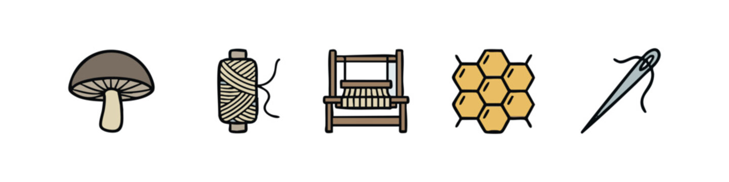 Nature and Craft Icons: Mushroom, Thread, Loom, Honeycomb, Needle