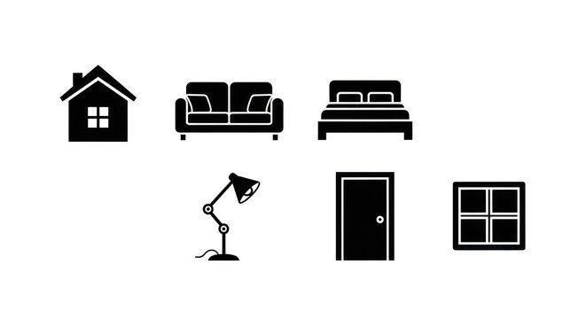 Black silhouette icons of home furniture and interior design elements