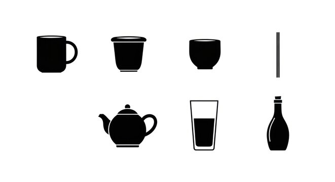 Black silhouettes of various drinkware and tableware items on a white backdrop