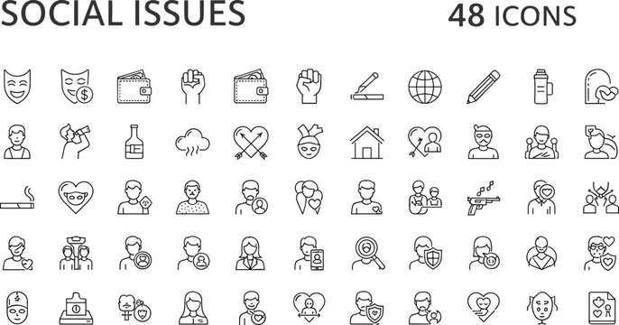 Social issues icon set with activism inequality human rights poverty and global awareness symbols in outline style design