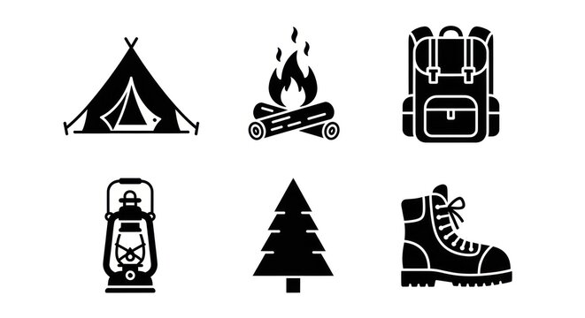 Camping icons set on a white background outdoors recreational activities