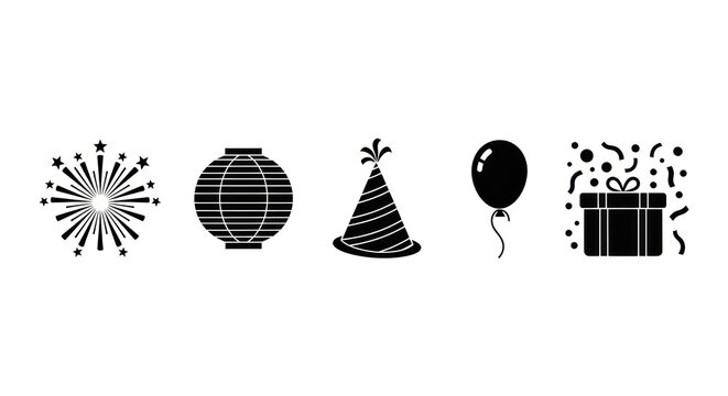 Celebration icon set in black and white festive decorations isolated