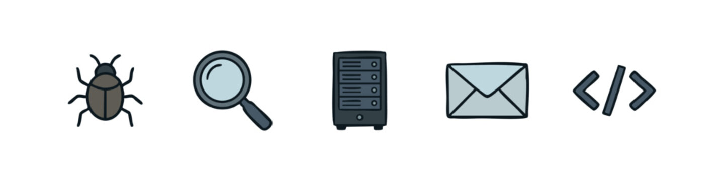 Set of hand drawn web development and programming icons with a bug, magnifying glass, server and code