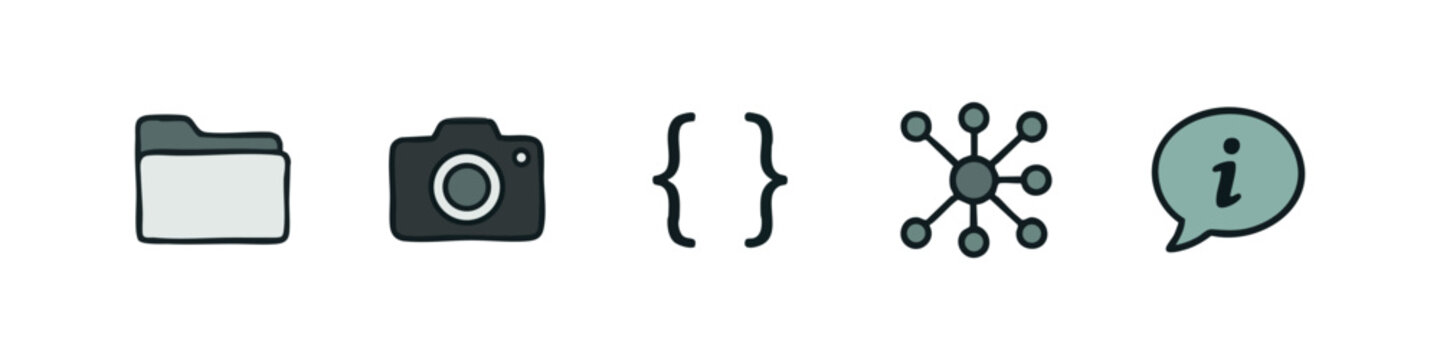 Set of hand drawn media and network icons featuring a folder, camera, code brackets and connection nodes
