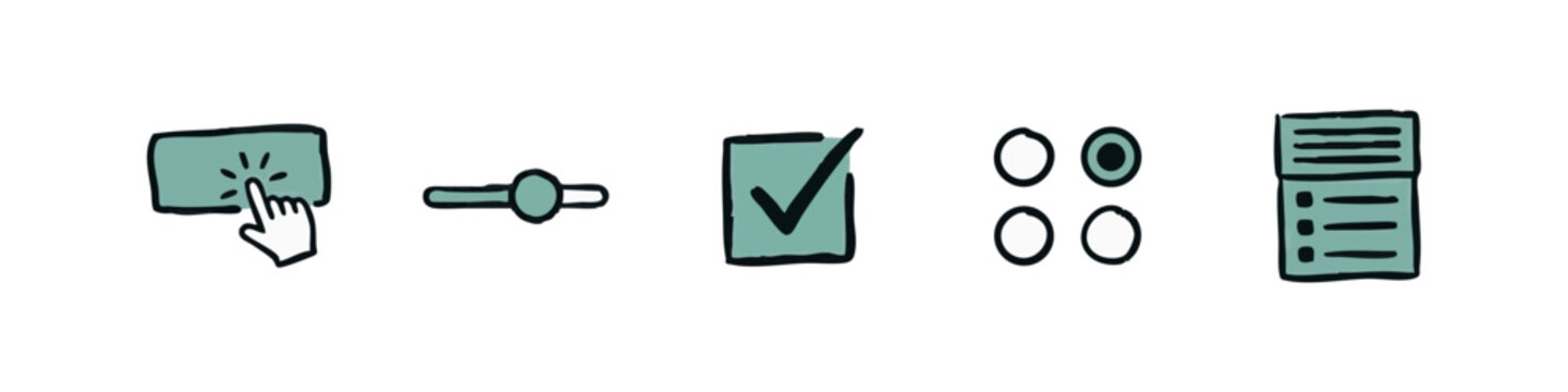 Set of hand drawn user interface icons featuring a button click, slider, checkbox, radio buttons and list