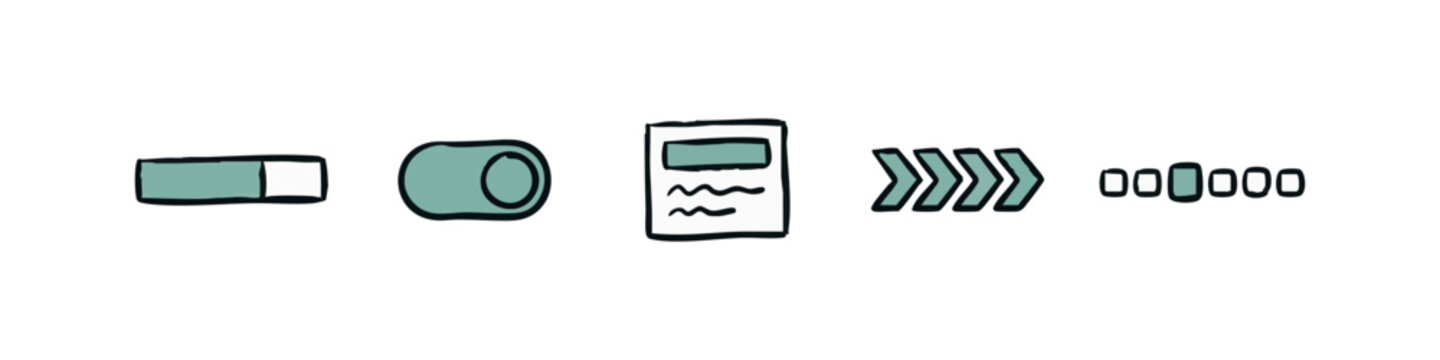 Set of hand drawn UI navigation icons including a loading bar, toggle switch, card header and pagination dots