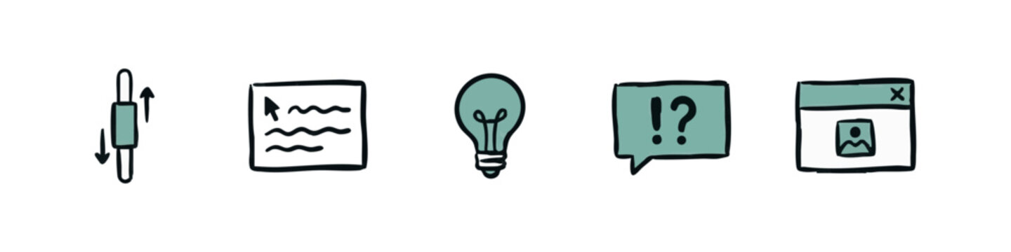 Set of hand drawn web interface icons with a scroll bar, tooltip, lightbulb, speech bubble and window