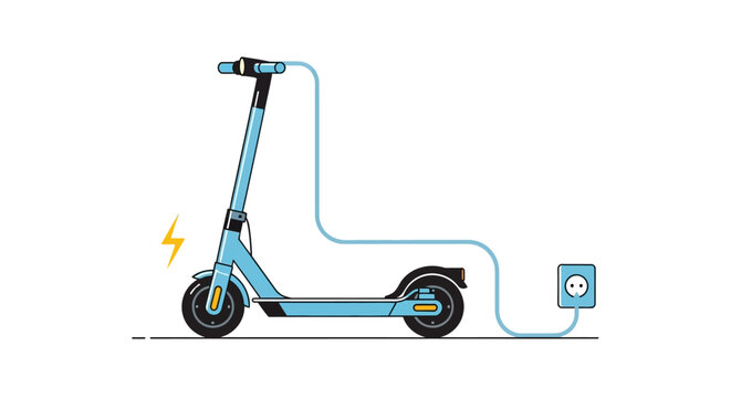 A light blue electric scooter plugged into a wall socket for charging, vector illustration.