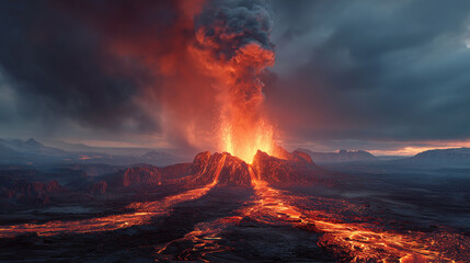 Fototapeta premium Natural Disaster Scene with Volcano Erupting and Fire Glow