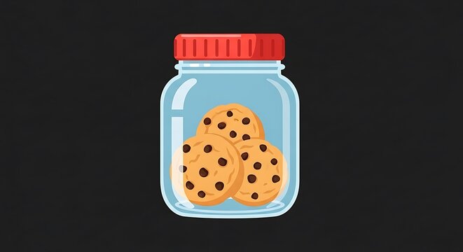 Cartoon image depicts a clear jar with a red lid, containing three chocolate chip cookies