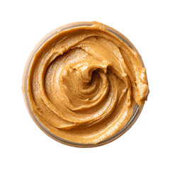 Fototapeta premium Smooth creamy peanut butter swirl in glass jar top view