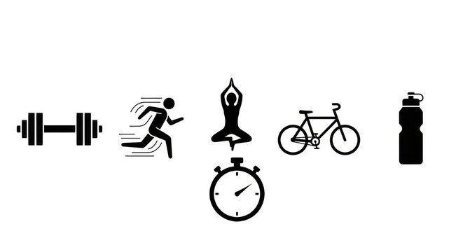 Fitness and wellness icons dumbbell running yoga bicycle timer water bottle